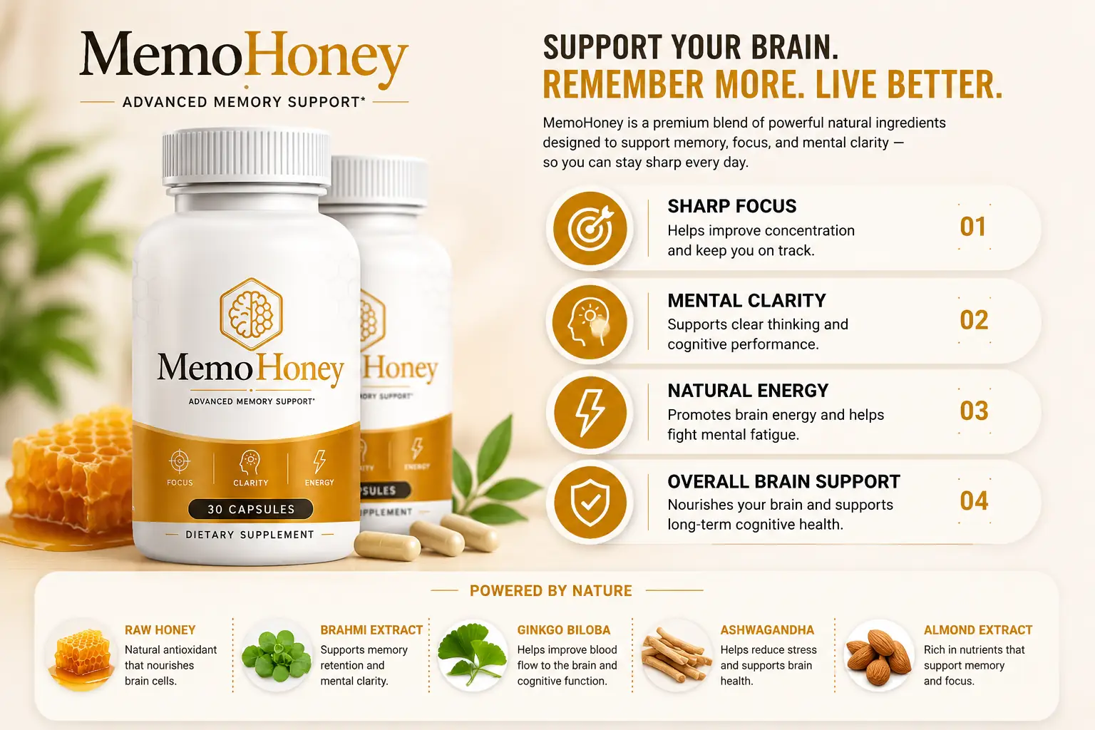 Illustration of focused cognitive wellness supported by MemoHoney
