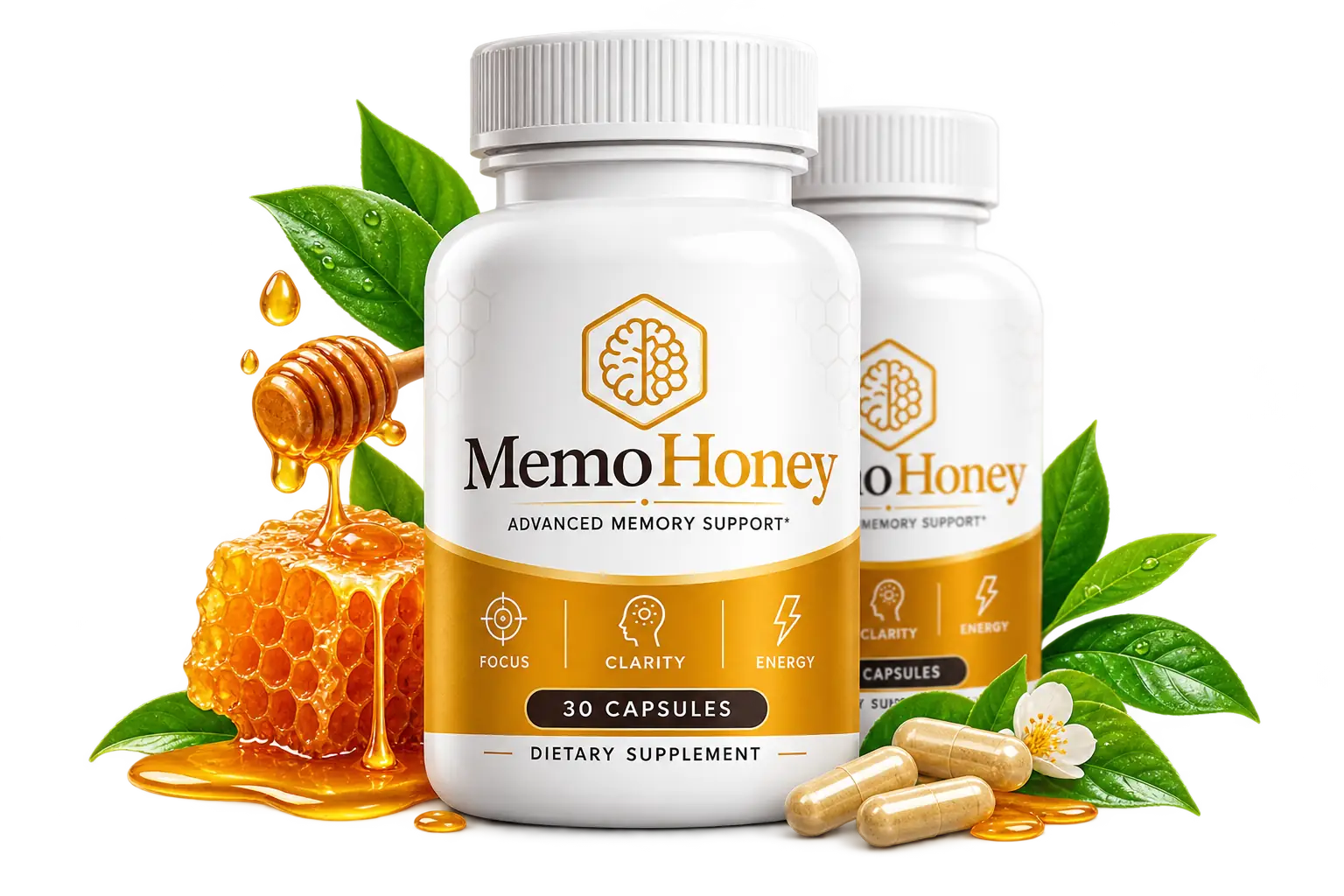 MemoHoney capsule bottle and honeycomb-inspired packaging
